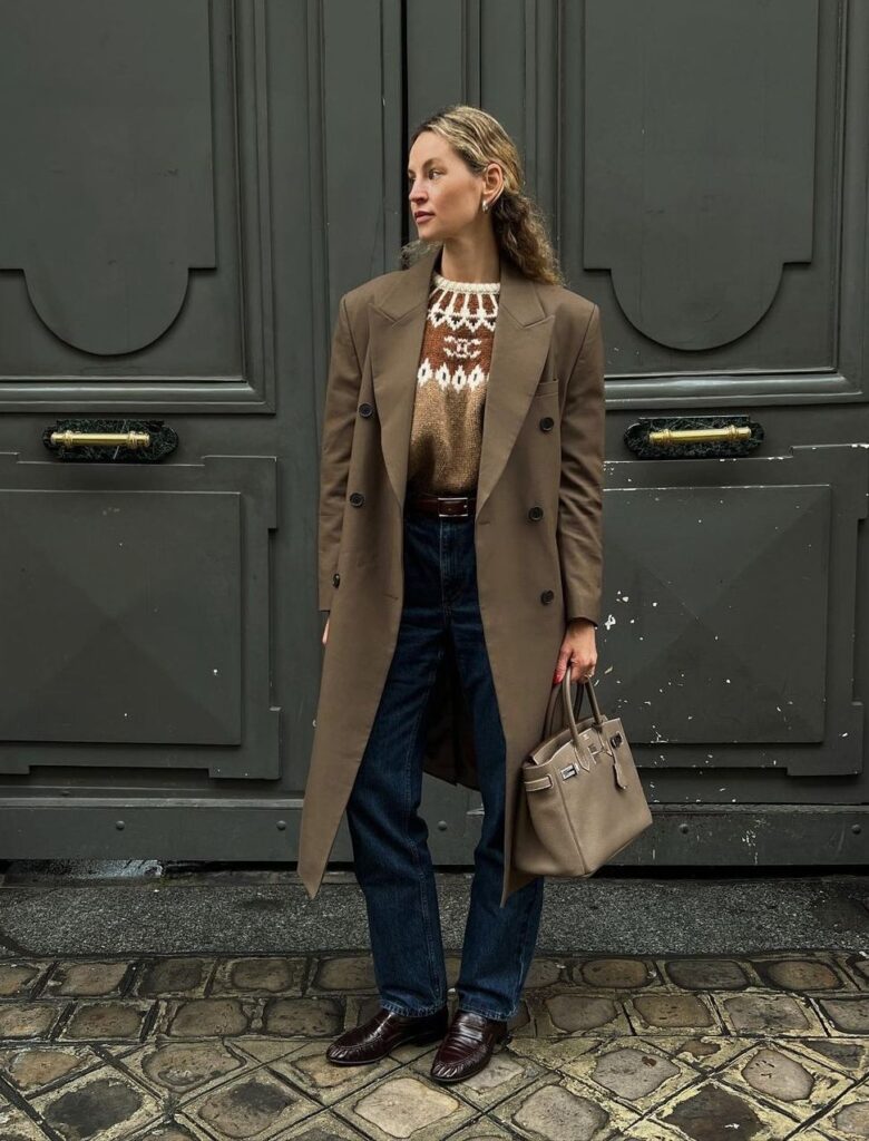 Fashion model wearing a lapel shaped khaki color long coat
