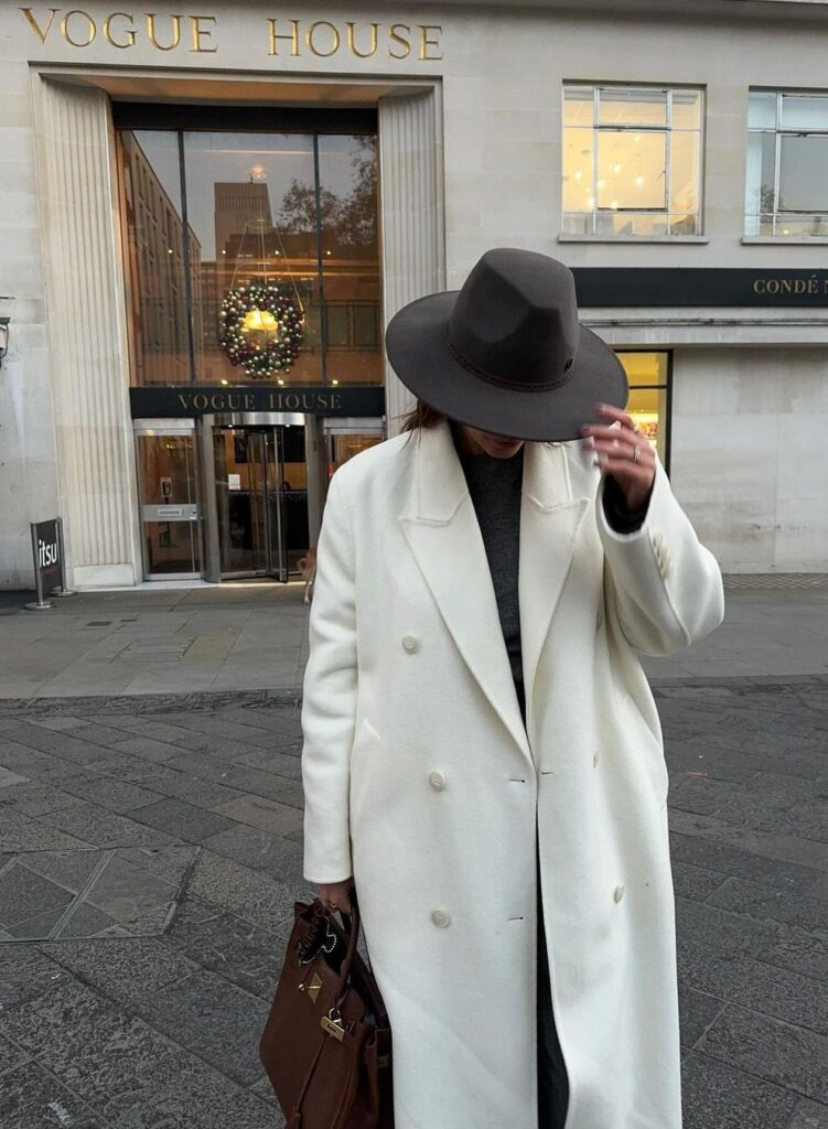 Fashion model wearing wide long coat infront of  vogue house